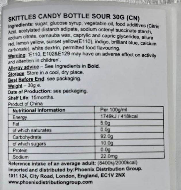 Chinese Import Skittles Bottle sour Flavour 30g